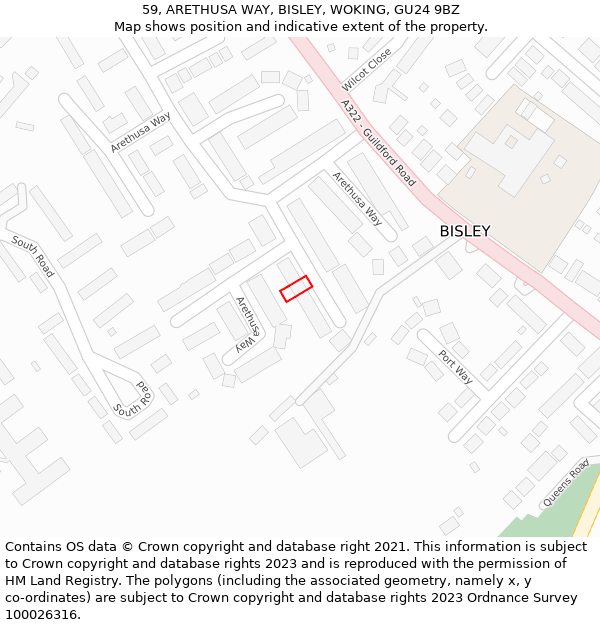 59, ARETHUSA WAY, BISLEY, WOKING, GU24 9BZ: Location map and indicative extent of plot