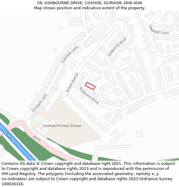 59, ASHBOURNE DRIVE, COXHOE, DURHAM, DH6 4SW: Location map and indicative extent of plot