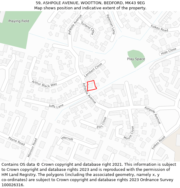 59, ASHPOLE AVENUE, WOOTTON, BEDFORD, MK43 9EG: Location map and indicative extent of plot