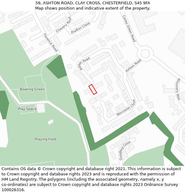 59, ASHTON ROAD, CLAY CROSS, CHESTERFIELD, S45 9FA: Location map and indicative extent of plot