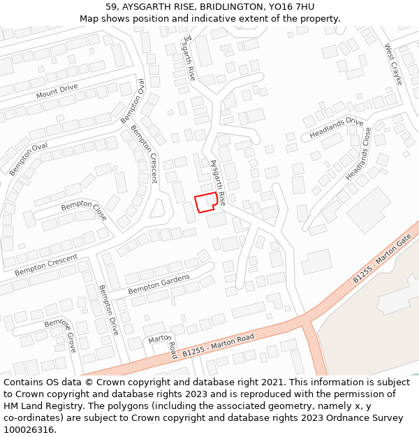 59, AYSGARTH RISE, BRIDLINGTON, YO16 7HU: Location map and indicative extent of plot
