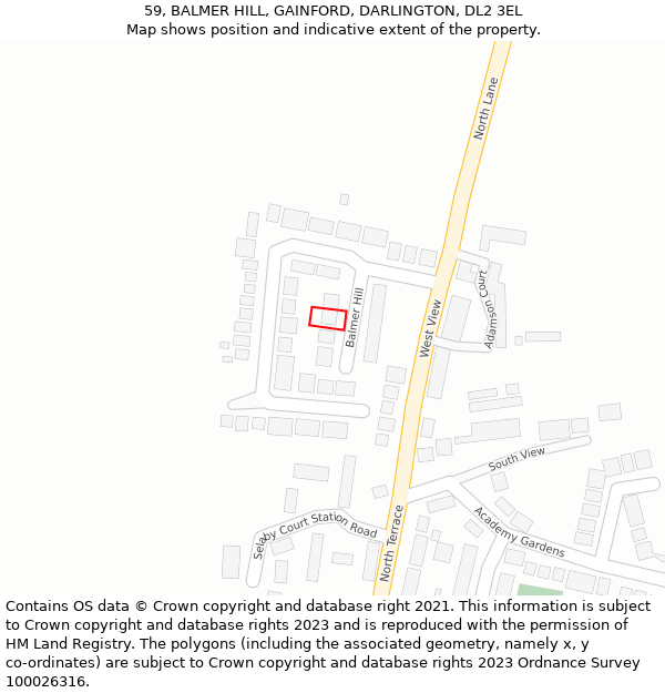 59, BALMER HILL, GAINFORD, DARLINGTON, DL2 3EL: Location map and indicative extent of plot