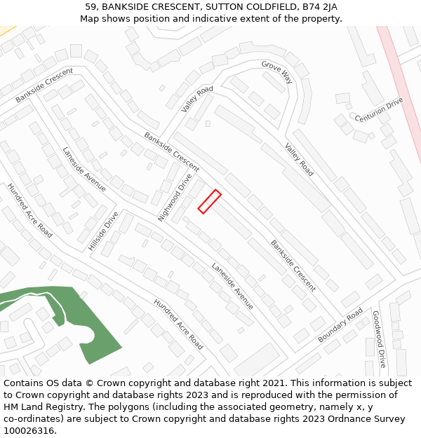 59, BANKSIDE CRESCENT, SUTTON COLDFIELD, B74 2JA: Location map and indicative extent of plot