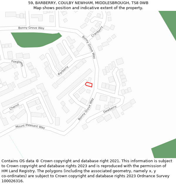 59, BARBERRY, COULBY NEWHAM, MIDDLESBROUGH, TS8 0WB: Location map and indicative extent of plot