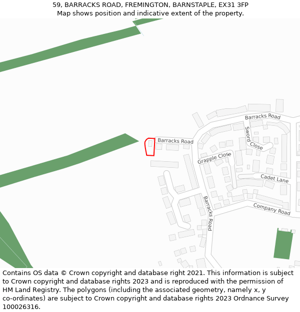 59, BARRACKS ROAD, FREMINGTON, BARNSTAPLE, EX31 3FP: Location map and indicative extent of plot