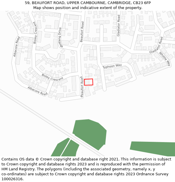 59, BEAUFORT ROAD, UPPER CAMBOURNE, CAMBRIDGE, CB23 6FP: Location map and indicative extent of plot