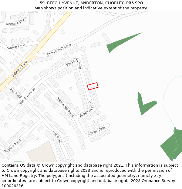 59, BEECH AVENUE, ANDERTON, CHORLEY, PR6 9PQ: Location map and indicative extent of plot