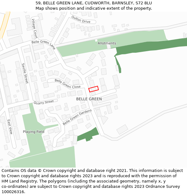 59, BELLE GREEN LANE, CUDWORTH, BARNSLEY, S72 8LU: Location map and indicative extent of plot