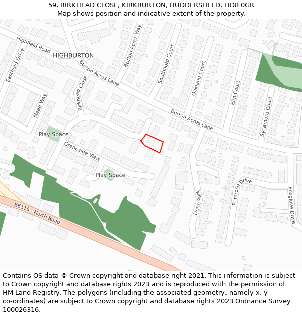 59, BIRKHEAD CLOSE, KIRKBURTON, HUDDERSFIELD, HD8 0GR: Location map and indicative extent of plot