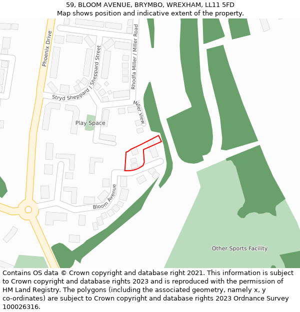 59, BLOOM AVENUE, BRYMBO, WREXHAM, LL11 5FD: Location map and indicative extent of plot