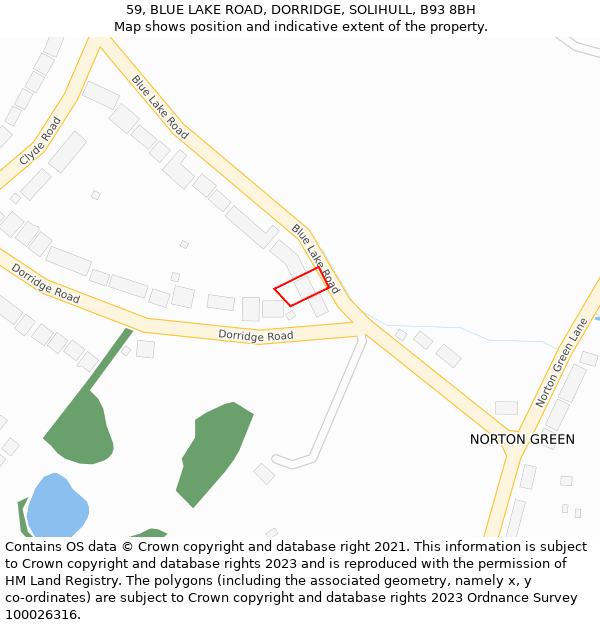 59, BLUE LAKE ROAD, DORRIDGE, SOLIHULL, B93 8BH: Location map and indicative extent of plot