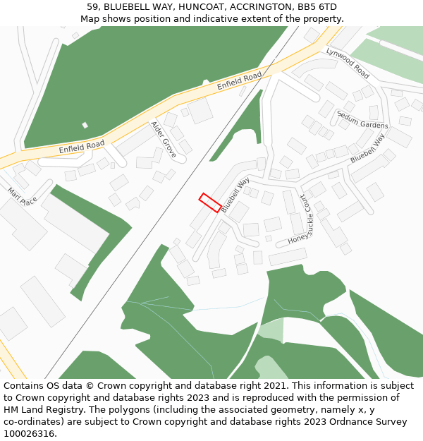 59, BLUEBELL WAY, HUNCOAT, ACCRINGTON, BB5 6TD: Location map and indicative extent of plot