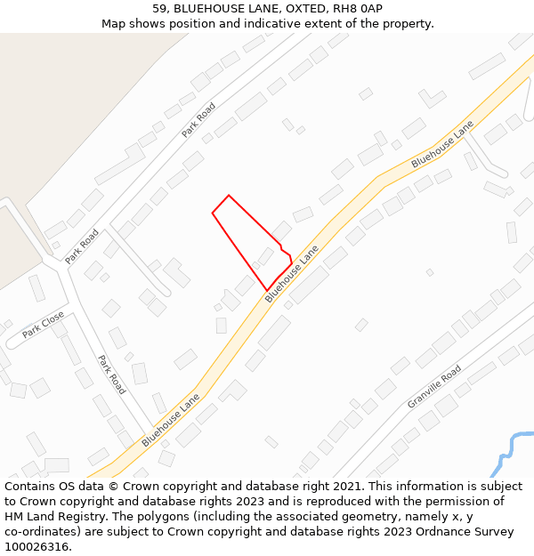 59, BLUEHOUSE LANE, OXTED, RH8 0AP: Location map and indicative extent of plot