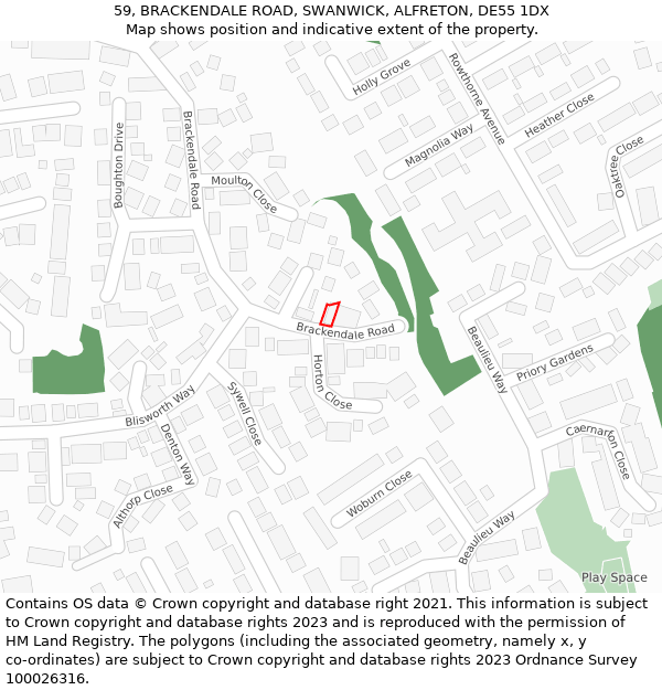 59, BRACKENDALE ROAD, SWANWICK, ALFRETON, DE55 1DX: Location map and indicative extent of plot