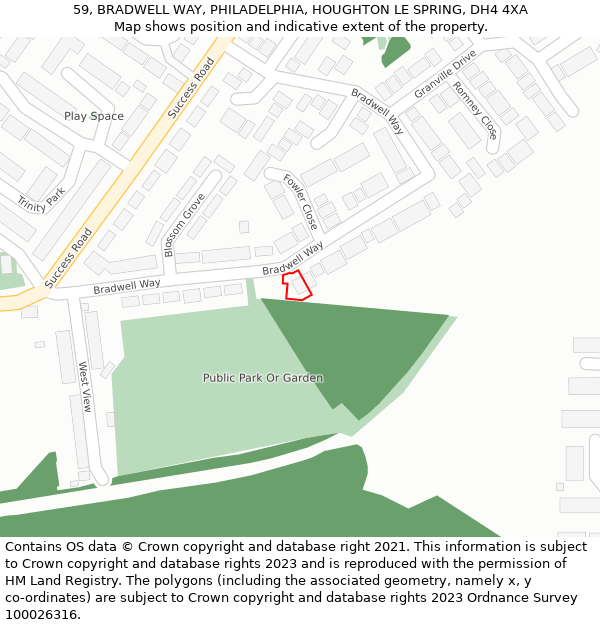 59, BRADWELL WAY, PHILADELPHIA, HOUGHTON LE SPRING, DH4 4XA: Location map and indicative extent of plot