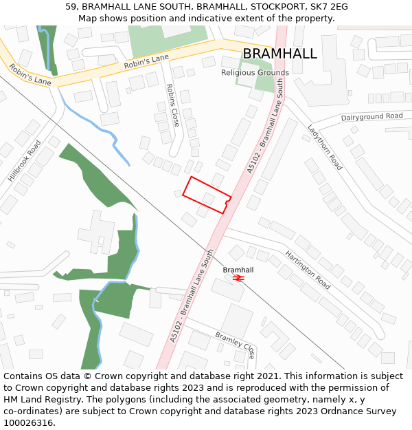 59, BRAMHALL LANE SOUTH, BRAMHALL, STOCKPORT, SK7 2EG: Location map and indicative extent of plot