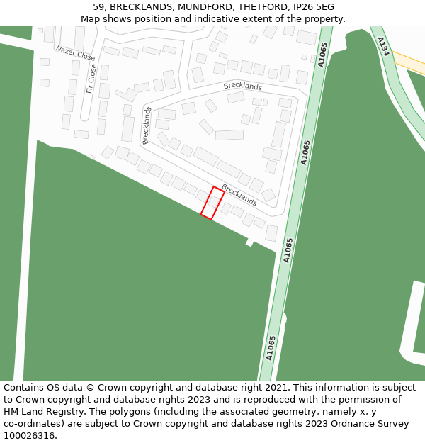 59, BRECKLANDS, MUNDFORD, THETFORD, IP26 5EG: Location map and indicative extent of plot