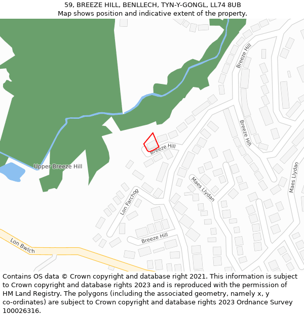 59, BREEZE HILL, BENLLECH, TYN-Y-GONGL, LL74 8UB: Location map and indicative extent of plot