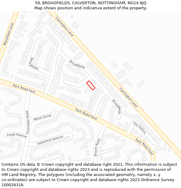 59, BROADFIELDS, CALVERTON, NOTTINGHAM, NG14 6JQ: Location map and indicative extent of plot