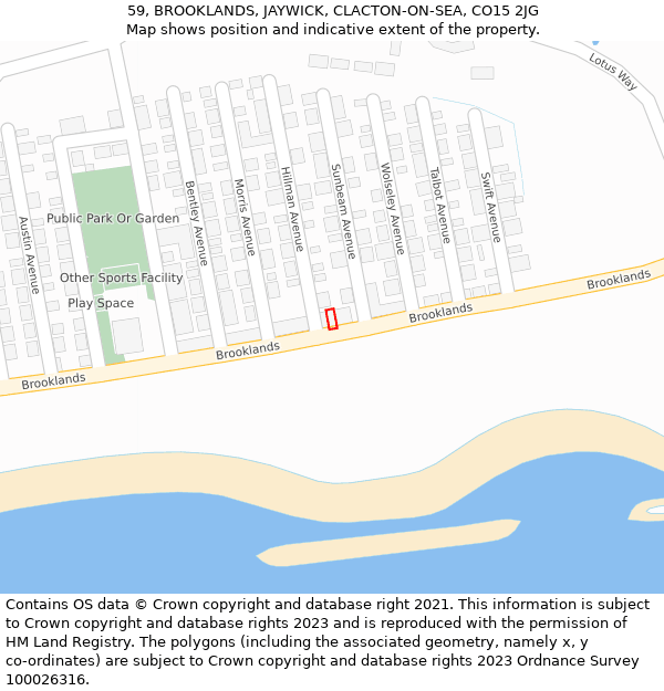 59, BROOKLANDS, JAYWICK, CLACTON-ON-SEA, CO15 2JG: Location map and indicative extent of plot