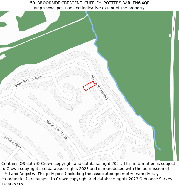 59, BROOKSIDE CRESCENT, CUFFLEY, POTTERS BAR, EN6 4QP: Location map and indicative extent of plot