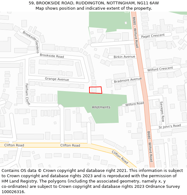59, BROOKSIDE ROAD, RUDDINGTON, NOTTINGHAM, NG11 6AW: Location map and indicative extent of plot