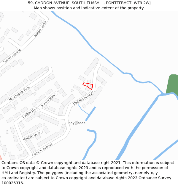 59, CADDON AVENUE, SOUTH ELMSALL, PONTEFRACT, WF9 2WJ: Location map and indicative extent of plot