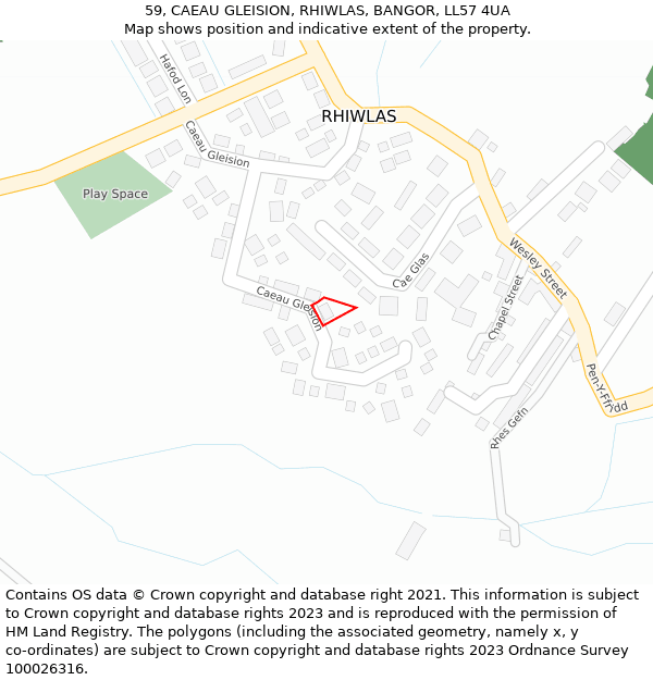 59, CAEAU GLEISION, RHIWLAS, BANGOR, LL57 4UA: Location map and indicative extent of plot