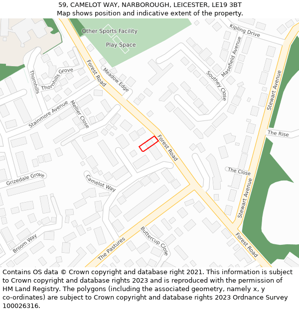 59, CAMELOT WAY, NARBOROUGH, LEICESTER, LE19 3BT: Location map and indicative extent of plot