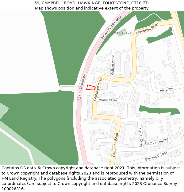 59, CAMPBELL ROAD, HAWKINGE, FOLKESTONE, CT18 7TL: Location map and indicative extent of plot