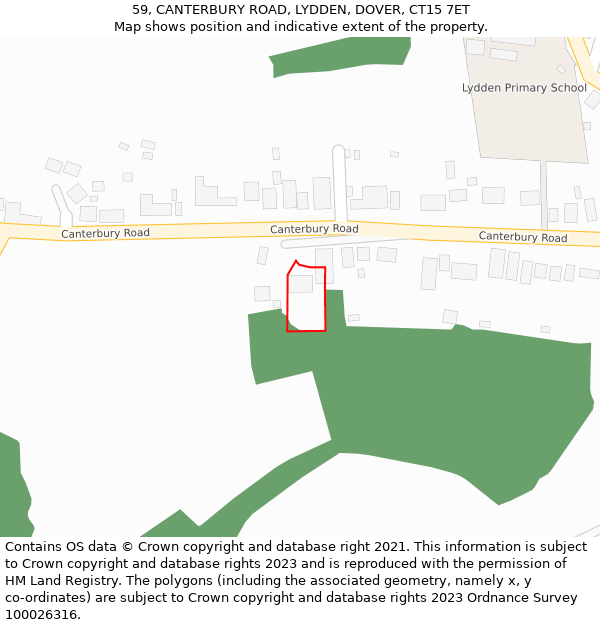 59, CANTERBURY ROAD, LYDDEN, DOVER, CT15 7ET: Location map and indicative extent of plot