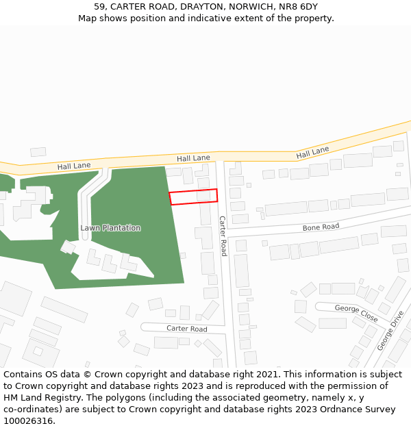 59, CARTER ROAD, DRAYTON, NORWICH, NR8 6DY: Location map and indicative extent of plot