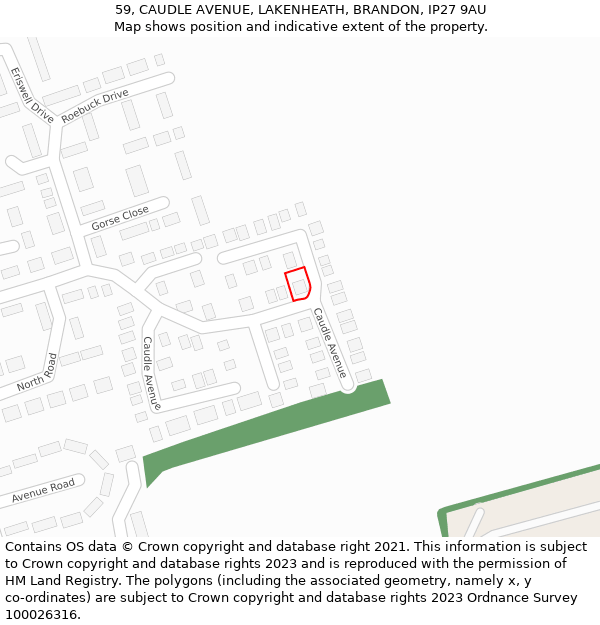 59, CAUDLE AVENUE, LAKENHEATH, BRANDON, IP27 9AU: Location map and indicative extent of plot