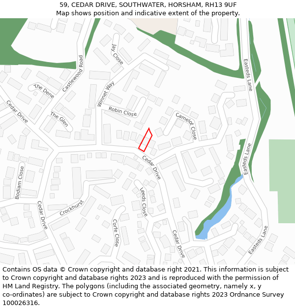 59, CEDAR DRIVE, SOUTHWATER, HORSHAM, RH13 9UF: Location map and indicative extent of plot