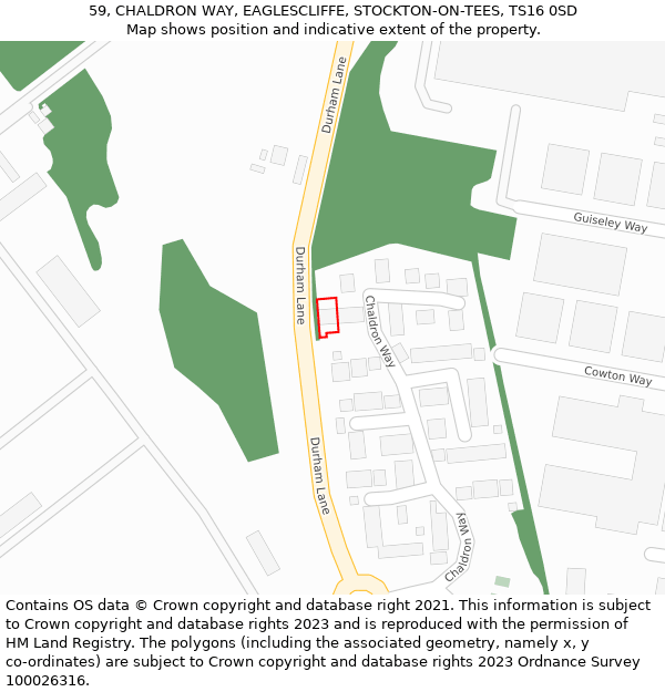 59, CHALDRON WAY, EAGLESCLIFFE, STOCKTON-ON-TEES, TS16 0SD: Location map and indicative extent of plot