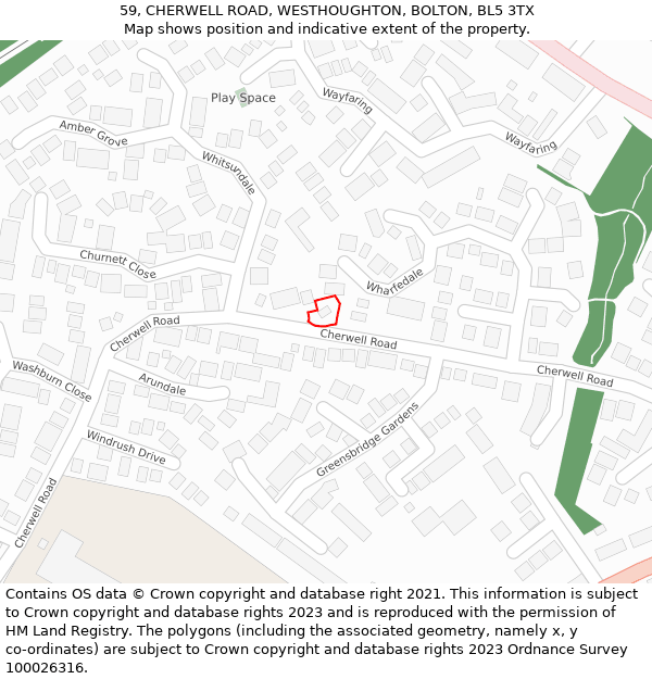 59, CHERWELL ROAD, WESTHOUGHTON, BOLTON, BL5 3TX: Location map and indicative extent of plot