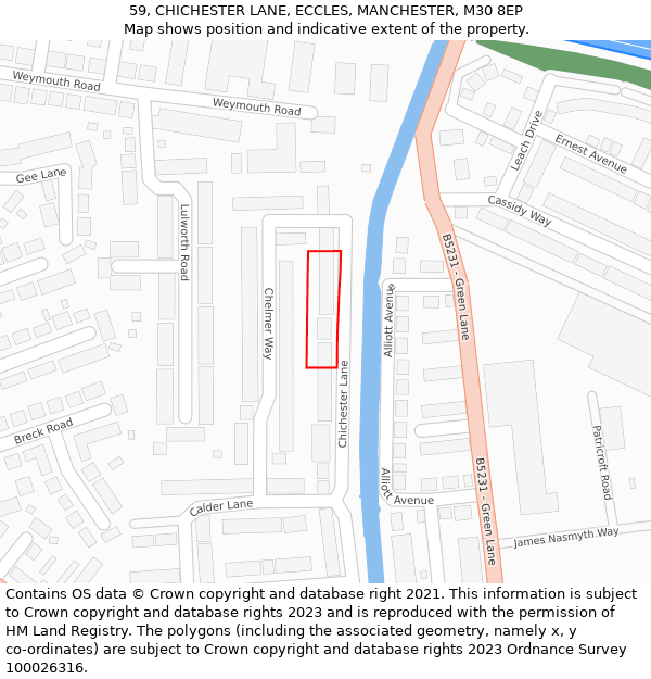 59, CHICHESTER LANE, ECCLES, MANCHESTER, M30 8EP: Location map and indicative extent of plot