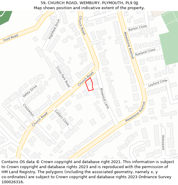 59, CHURCH ROAD, WEMBURY, PLYMOUTH, PL9 0JJ: Location map and indicative extent of plot