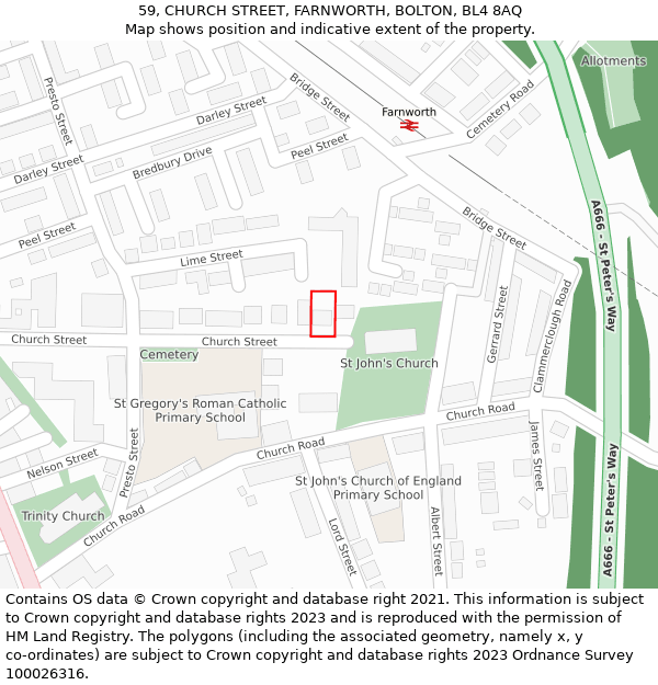59, CHURCH STREET, FARNWORTH, BOLTON, BL4 8AQ: Location map and indicative extent of plot