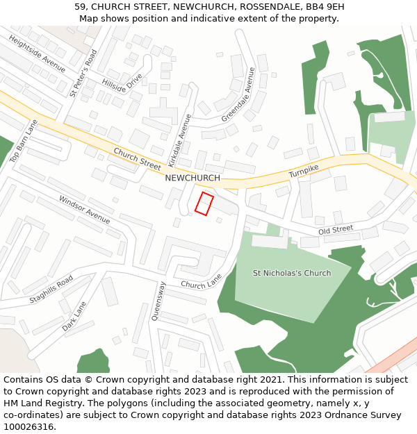 59, CHURCH STREET, NEWCHURCH, ROSSENDALE, BB4 9EH: Location map and indicative extent of plot