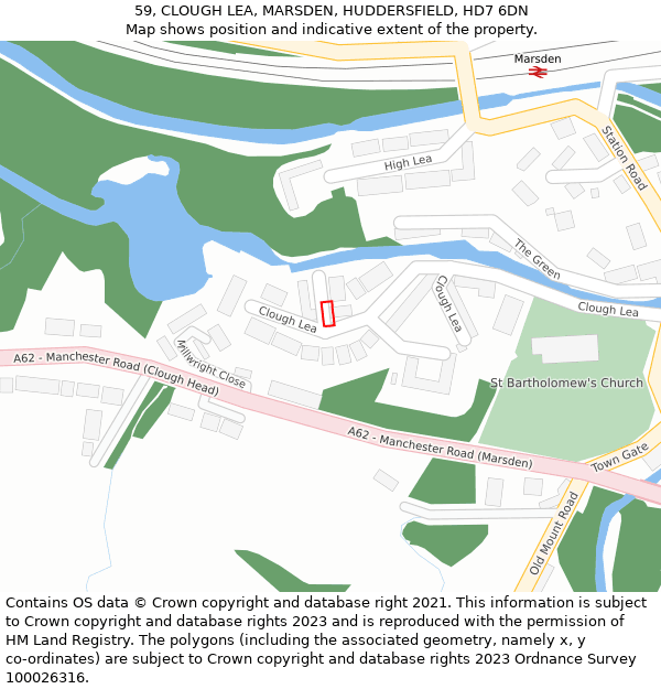 59, CLOUGH LEA, MARSDEN, HUDDERSFIELD, HD7 6DN: Location map and indicative extent of plot