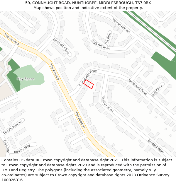 59, CONNAUGHT ROAD, NUNTHORPE, MIDDLESBROUGH, TS7 0BX: Location map and indicative extent of plot
