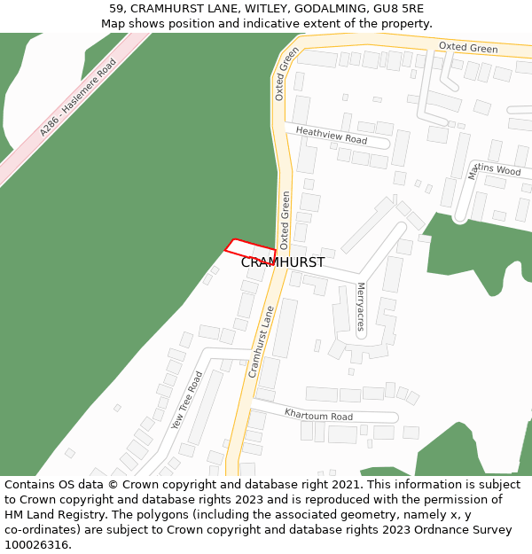 59, CRAMHURST LANE, WITLEY, GODALMING, GU8 5RE: Location map and indicative extent of plot