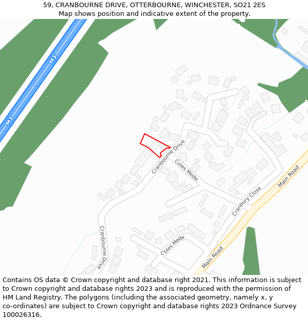 59, CRANBOURNE DRIVE, OTTERBOURNE, WINCHESTER, SO21 2ES: Location map and indicative extent of plot