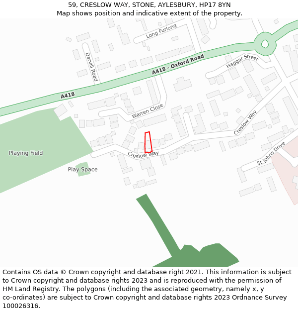 59, CRESLOW WAY, STONE, AYLESBURY, HP17 8YN: Location map and indicative extent of plot