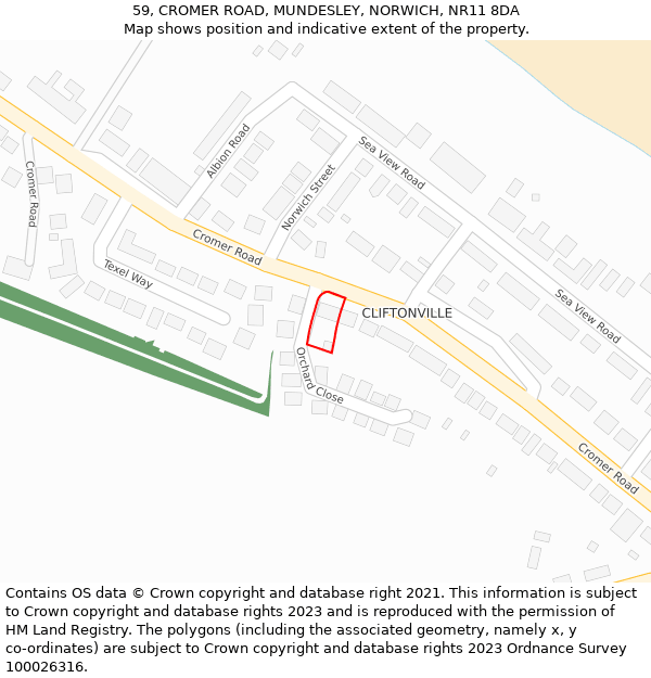 59, CROMER ROAD, MUNDESLEY, NORWICH, NR11 8DA: Location map and indicative extent of plot