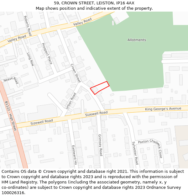 59, CROWN STREET, LEISTON, IP16 4AX: Location map and indicative extent of plot