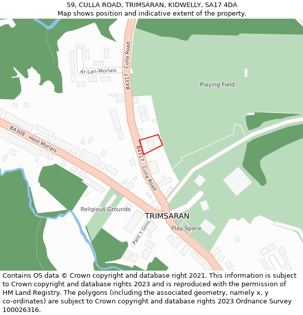 59, CULLA ROAD, TRIMSARAN, KIDWELLY, SA17 4DA: Location map and indicative extent of plot