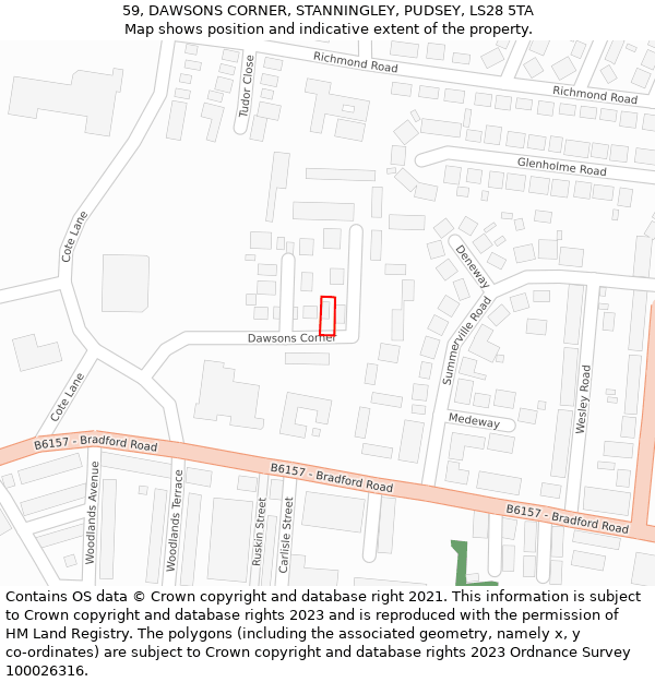 59, DAWSONS CORNER, STANNINGLEY, PUDSEY, LS28 5TA: Location map and indicative extent of plot