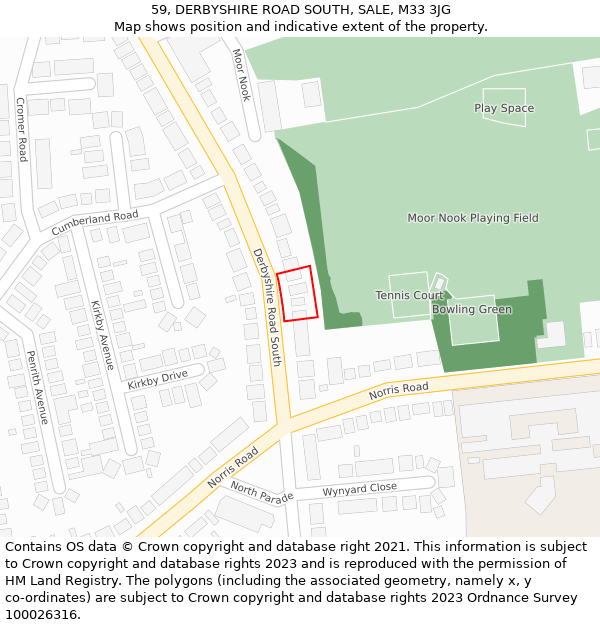 59, DERBYSHIRE ROAD SOUTH, SALE, M33 3JG: Location map and indicative extent of plot